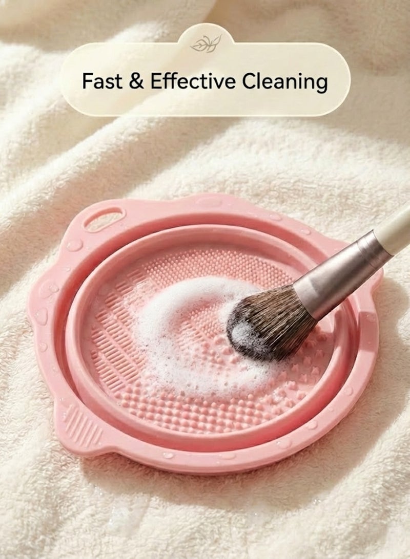 TRENZ Collapsible Silicone Makeup Brush Cleaning Bowl with Textured Scrubber Pad + Hanging Loop – Pink - Image 3